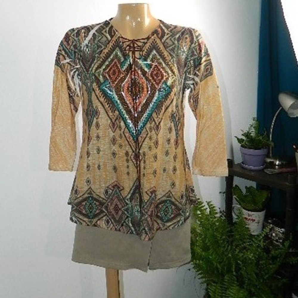 Reba Tunic Top Womens Medium Orange Southwestern Boho Lace Up Rhinestone